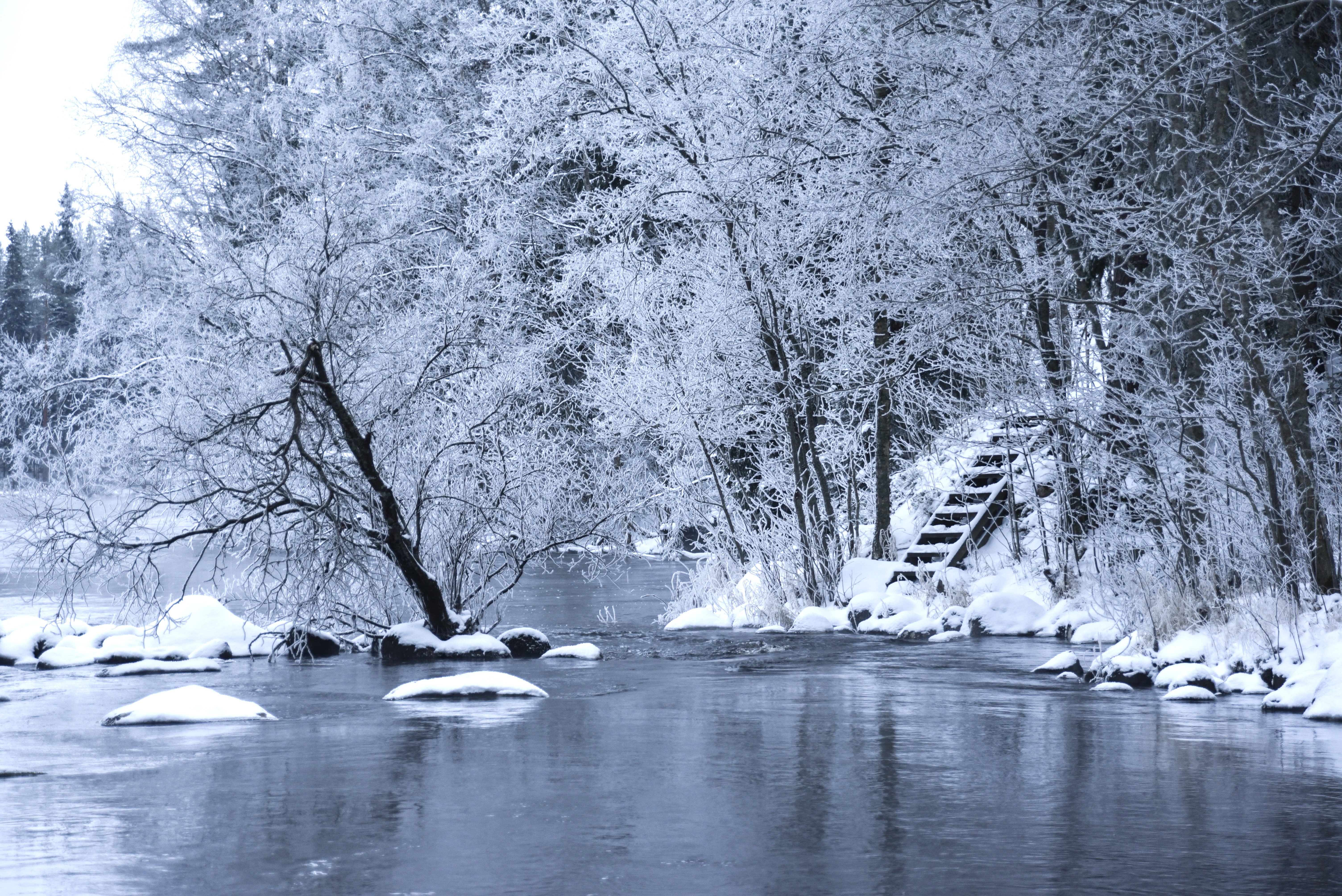 Talvinen koskimaisema.
