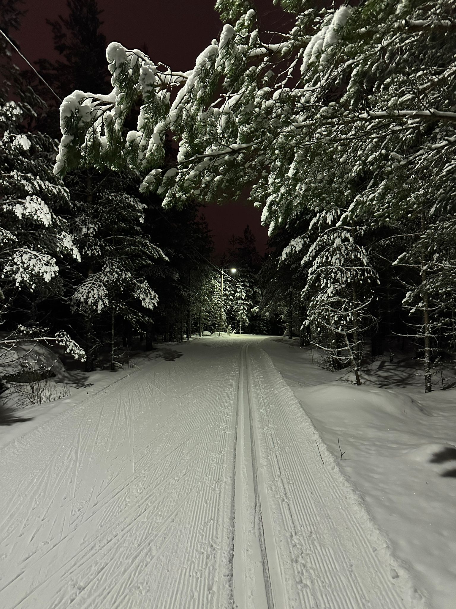 Hiihtolatu pimeällä.