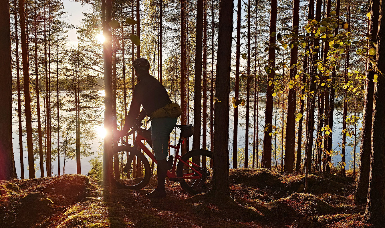 Pyöräilijä ja polkupyörä metsäpolulla, valo siivilöityy puiden välistä.
