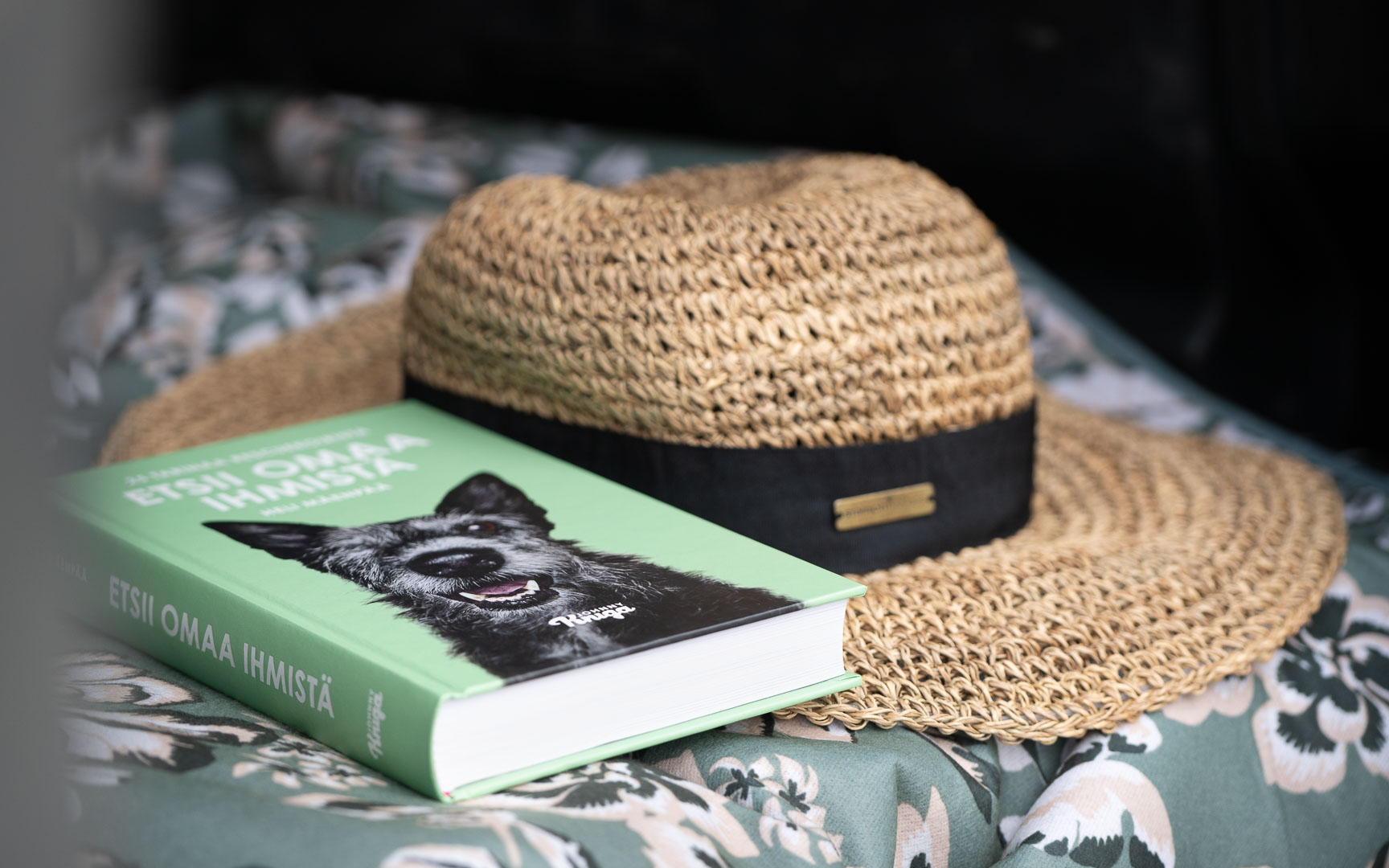 Kesähattu ja kirja matkailuautossa. 