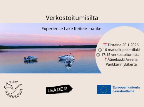 Mainoskuva verkostoitumisillasta. Kuvassa Visit Äänekosken, Leaderin ja Euroopan unionin osarahoittama lippu -logot.
